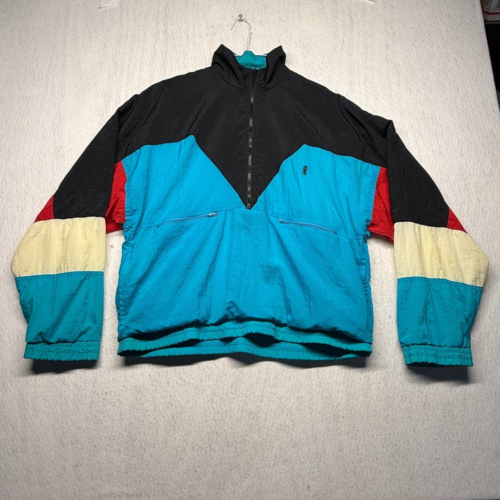 Vintage Bill Blass Mens Colorblock Windbreaker Teal Black Red Quarter Zip Sz M